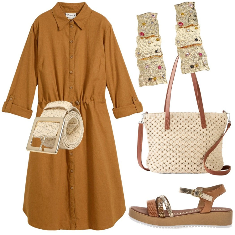 Outfit donna - Comoda con stile. Stile Casual chic per Ufficio. Abbinamento con vestiti chemisier, borse a mano, cinture, orecchini, sandali.