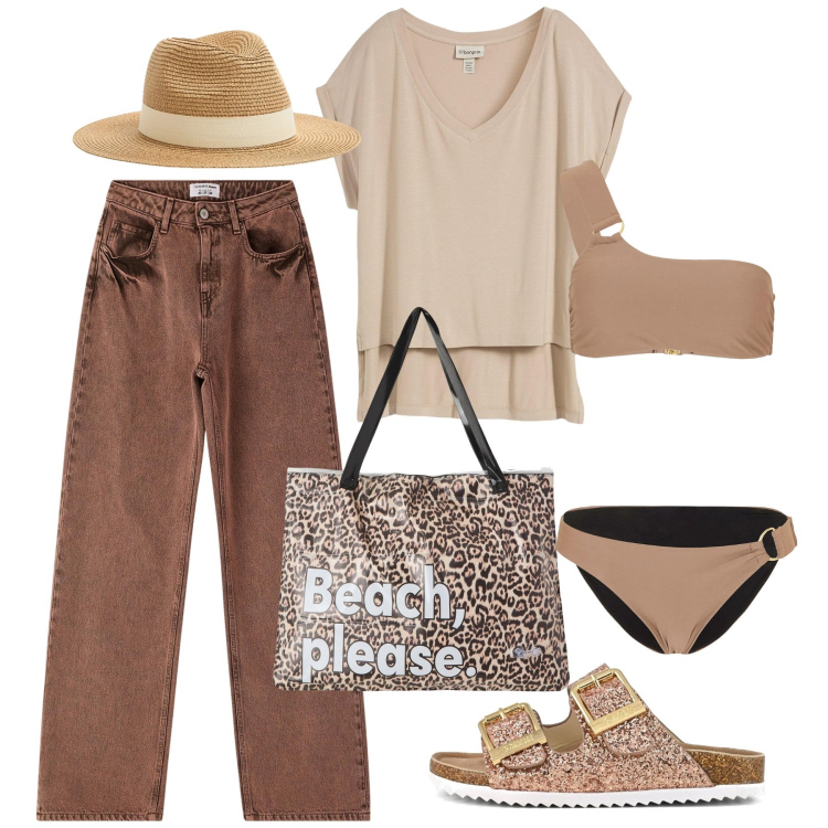Outfit donna - Beach please. Stile Casual per Mare. Abbinamento con bluse, bikini, borse tote, cappelli, jeans, sandali.