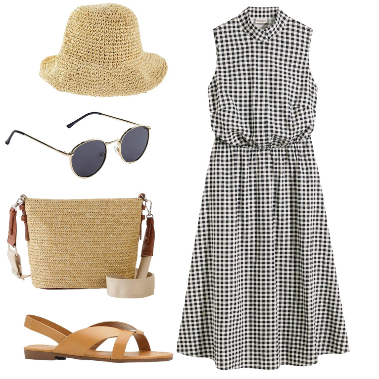 Outfit donna - In riviera. Stile Basic per Tutti i giorni. Abbinamento con sandali, occhiali da sole, borse a tracolla, vestiti, cappelli.