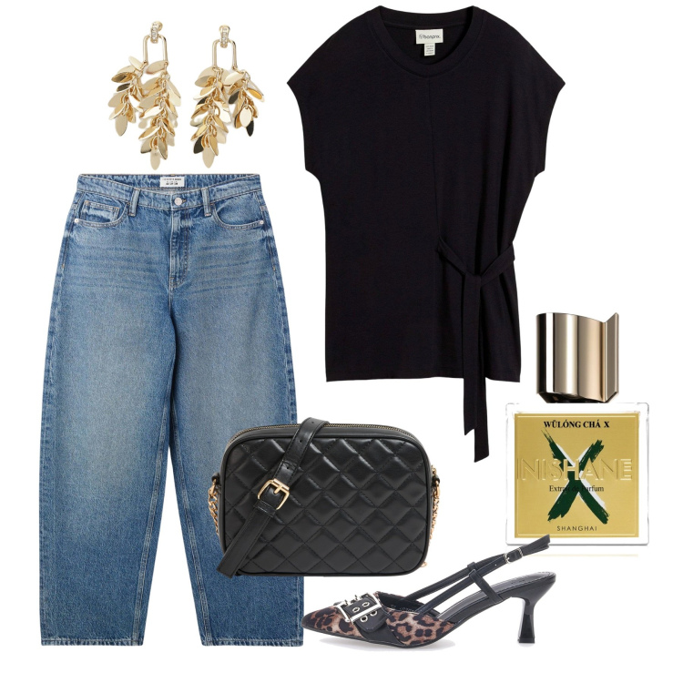 Outfit donna - Serata casual chic. Stile Casual chic per Serata fuori. Abbinamento con bluse, profumi, jeans, borse a tracolla, orecchini, décolleté.