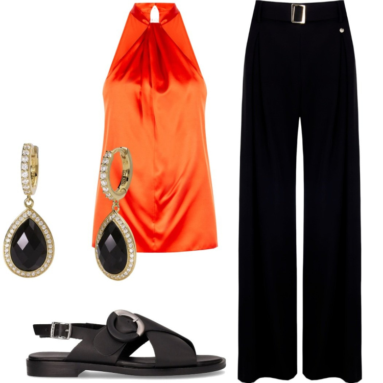 Outfit donna - Cena fuori. Stile Chic per Serata fuori. Abbinamento con orecchini, top, pantaloni, sandali.