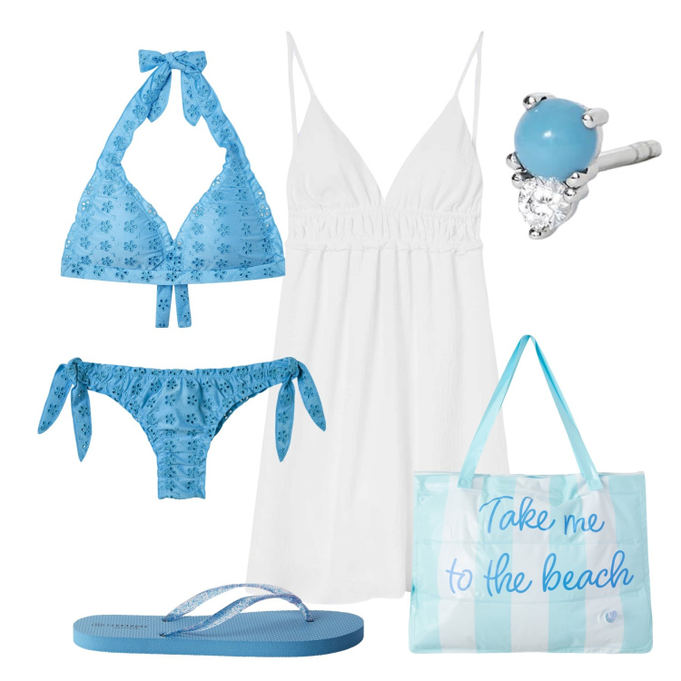 Outfit donna - Il bikini sangallo. Stile Trendy per Mare. Abbinamento con vestiti corti, bikini, borse tote, infradito, bikini, orecchini.