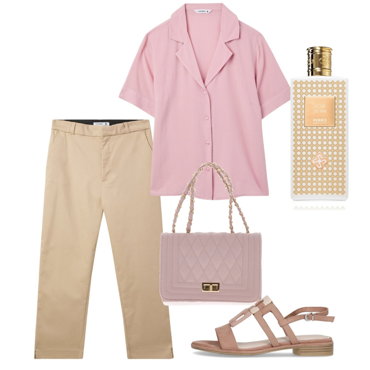 Outfit donna - Pink think. Stile Casual chic per Ufficio. Abbinamento con profumi, pantaloni, camicie a manica corta, borse a tracolla, sandali.