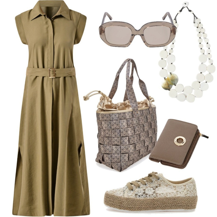 Outfit donna - Shopping in centro. Stile Casual chic per Tutti i giorni. Abbinamento con vestiti chemisier, portafogli, espadrillas, borse a spalla, ciondoli, occhiali da sole.