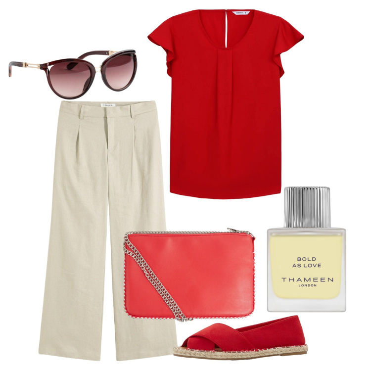 Outfit donna - Giugno. Stile Casual per Tutti i giorni. Abbinamento con pantaloni a palazzo, espadrillas, occhiali da sole, profumi, bluse, borse a tracolla.
