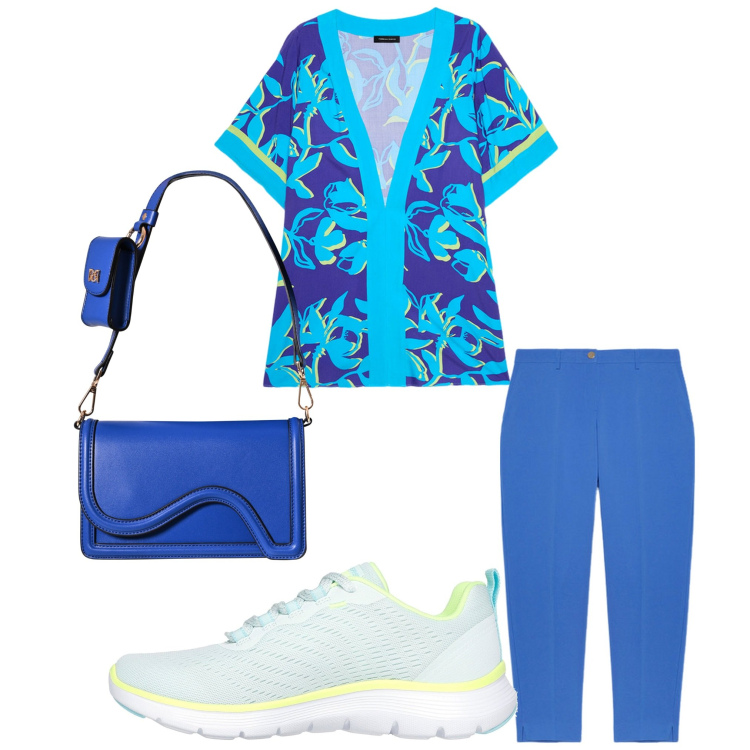 Outfit donna - Signora in blu. Stile Casual chic per Tutti i giorni. Abbinamento con pochette, kimono, pantaloni chino, sneakers.