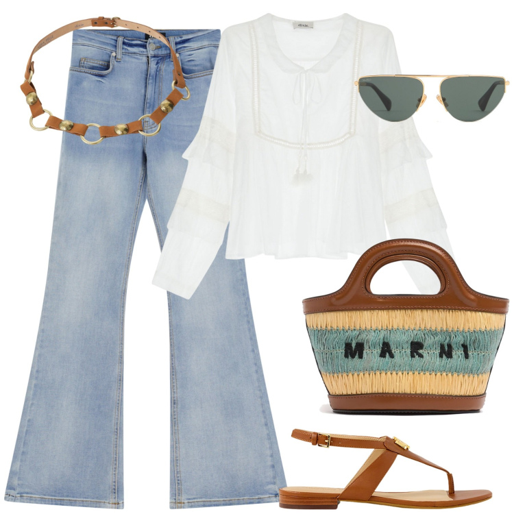 Outfit donna - Boho style. Stile Boho per Tutti i giorni. Abbinamento con bluse, jeans a zampa, cinture, sandali, occhiali da sole, shopping bag.