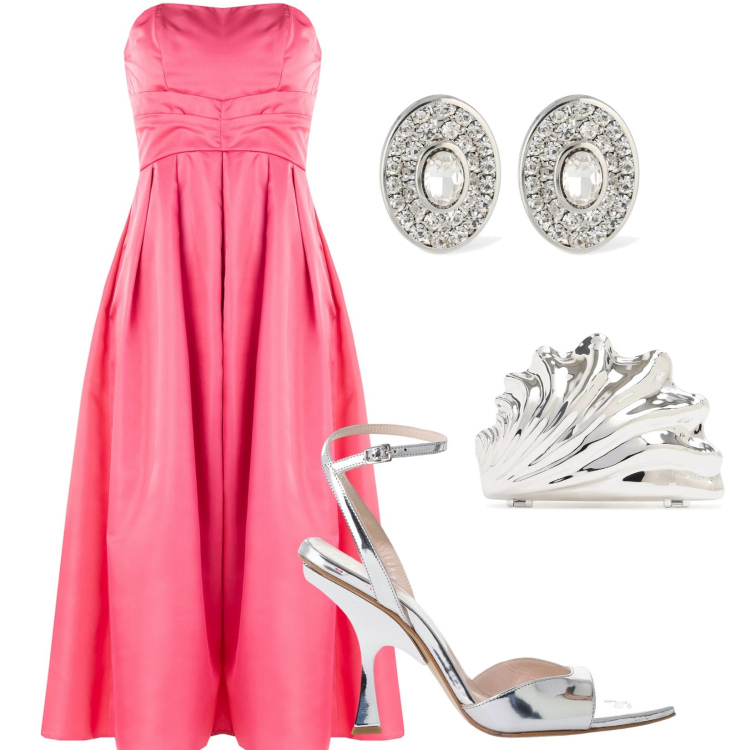 Outfit donna - Cerimonia in rosa camelia. Stile Chic per Cerimonia. Abbinamento con vestiti midi/longuette, décolleté, pochette, orecchini.