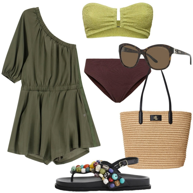 Outfit donna - In crociera. Stile Casual chic per Mare. Abbinamento con sandali gioiello, tute, occhiali da sole, borse tote, bikini, bikini.