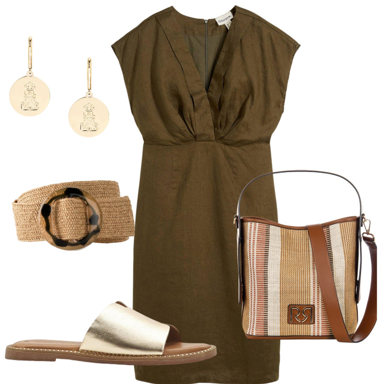 Outfit donna - Abito a tubino in puro lino. Stile Chic per Tutti i giorni. Abbinamento con cinture, vestiti a tubino, ciabatte, borse a secchiello, orecchini.