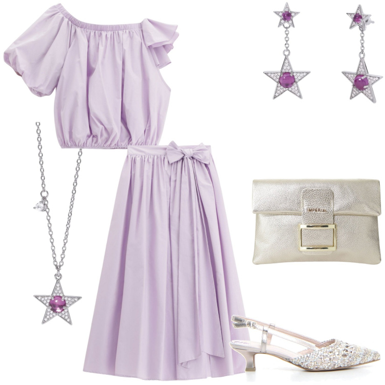 Outfit donna - Un\'estate Imperial. Stile Romantica per Serata fuori. Abbinamento con collane, orecchini, top, gonne lunghe, pochette, sandali col tacco.