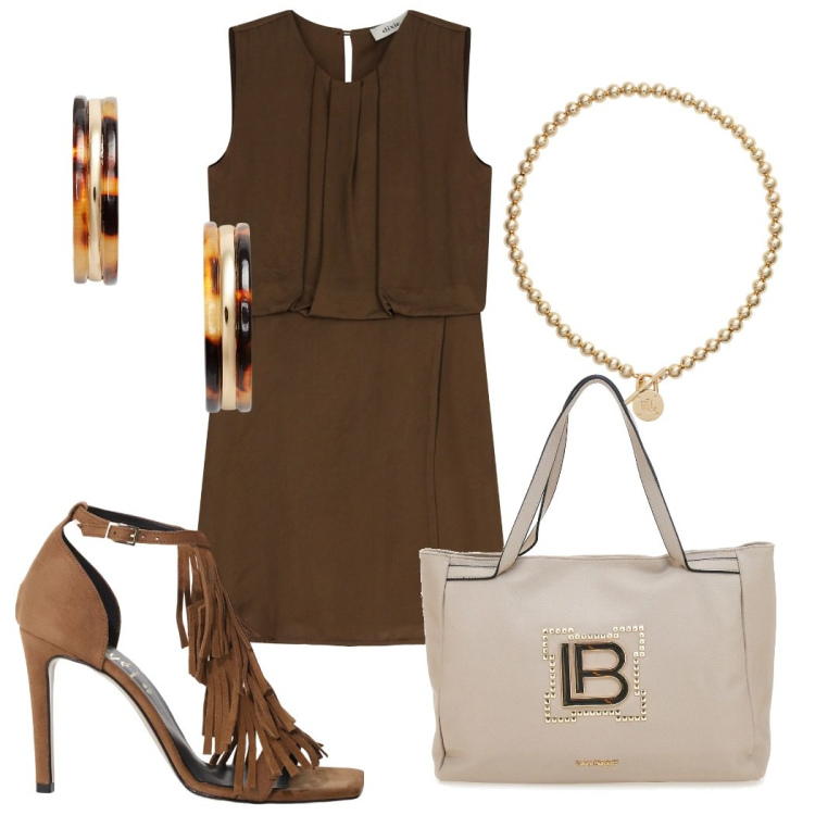 Outfit donna - Frange. Stile Boho per Serata fuori. Abbinamento con vestiti corti, décolleté, collane, orecchini, borse a spalla.