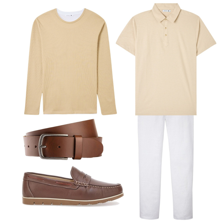 Outfit uomo - Con la polo beige. Stile Trendy per Ufficio. Abbinamento con cinture, pantaloni, polo, maglieria, scarpe stringate.