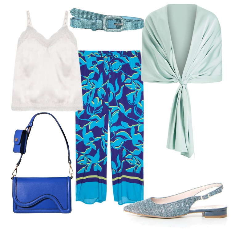 Outfit donna - In riva al mare. Stile Bon Ton per Serata fuori. Abbinamento con cinture, pochette, stole, pantaloni a palazzo, canottiere, décolleté.