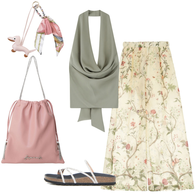 Outfit donna - Un\'estate Imperial. Stile Romantica per Tutti i giorni. Abbinamento con pantaloni, borse a secchiello, top, portachiavi, ciabatte.
