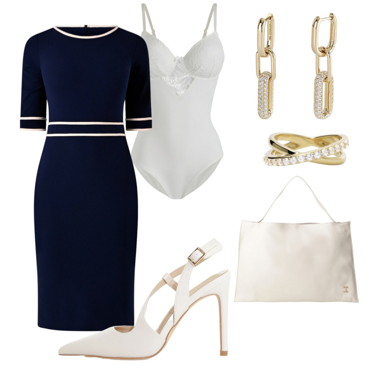 Outfit donna - Cerimonia in classico. Stile Bon Ton per Cerimonia. Abbinamento con body, borse a spalla, décolleté, orecchini, anelli, vestiti a tubino.