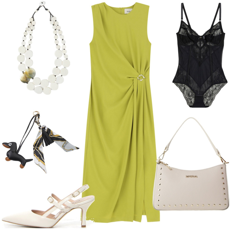 Outfit donna - Verde lime: il colore protagonista. Stile Chic per Serata fuori. Abbinamento con body, borse a spalla, vestiti midi/longuette, portachiavi, ciondoli, décolleté.