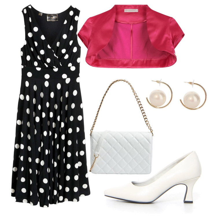 Outfit donna - Giugno a pois. Stile Bon Ton per Tutti i giorni. Abbinamento con vestiti, borse a tracolla, bolero, orecchini, décolleté.