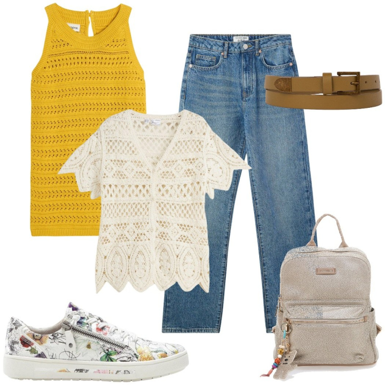 Outfit donna - Total look #2176617. Stile Casual per Tutti i giorni. Abbinamento con top, cardigans, sneakers, jeans dritti, cinture, zaini.