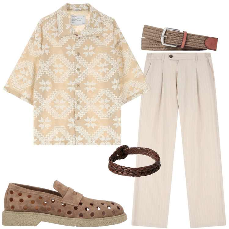 Outfit uomo - Color sabbia. Stile Trendy per Serata speciale. Abbinamento con scarpe stringate, pantaloni, camicie a manica corta, braccialetti, cinture.