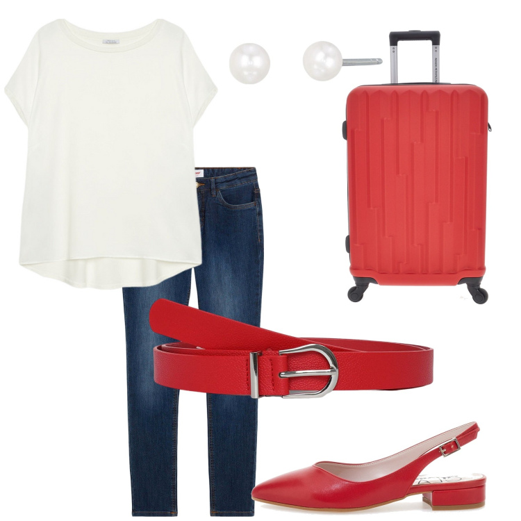 Outfit donna - Si viaggia. Stile Casual per Tutti i giorni. Abbinamento con jeans skinny, cinture, orecchini, ballerine, valigie, bluse.