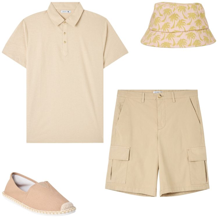 Outfit uomo - Color sabbia. Stile Casual per Tutti i giorni. Abbinamento con polo, espadrillas, cappelli con visiera, bermuda.