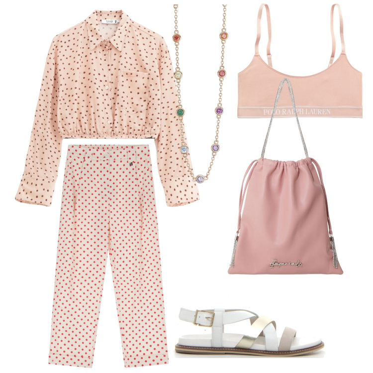 Outfit donna - Il completo a pois. Stile Casual chic per Tutti i giorni. Abbinamento con collane, camicie, borse a secchiello, pantaloni, canottiere, sandali.