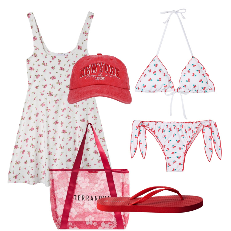 Outfit donna - Ciliegie e fiorellini. Stile Romantica per Mare. Abbinamento con shopping bag, bikini, infradito, cappelli, vestiti corti, bikini.