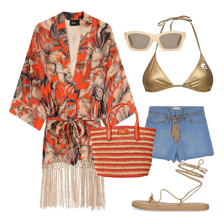 Outfit donna - Look estivo. Stile 70s per Mare. Abbinamento con shorts, kimono, borse tote, occhiali da sole, sandali in pelle, bikini.