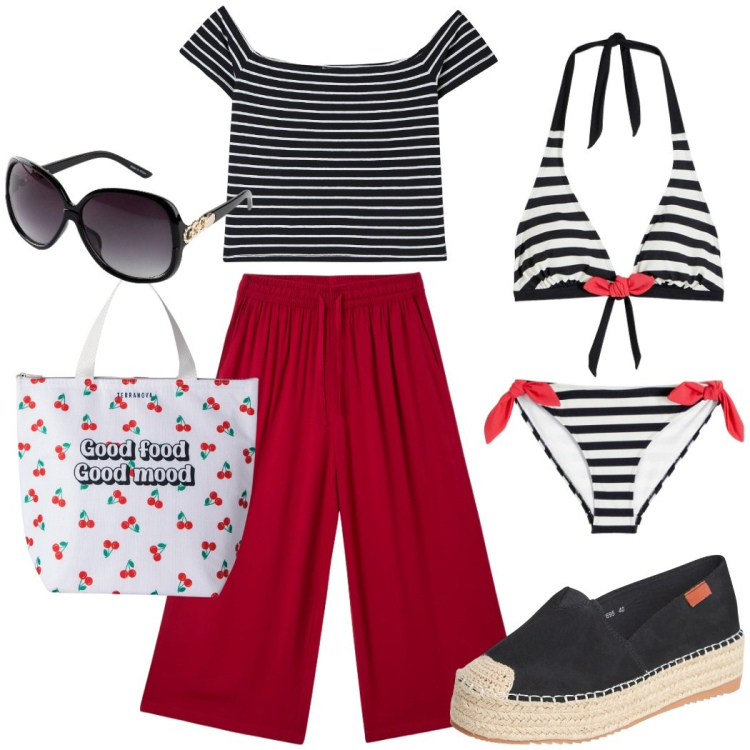 Outfit donna - Aperitivo a bordo piscina. Stile Casual chic per Tutti i giorni. Abbinamento con bikini, occhiali da sole, pantaloni a palazzo, t-shirt, espadrillas, borse tote.