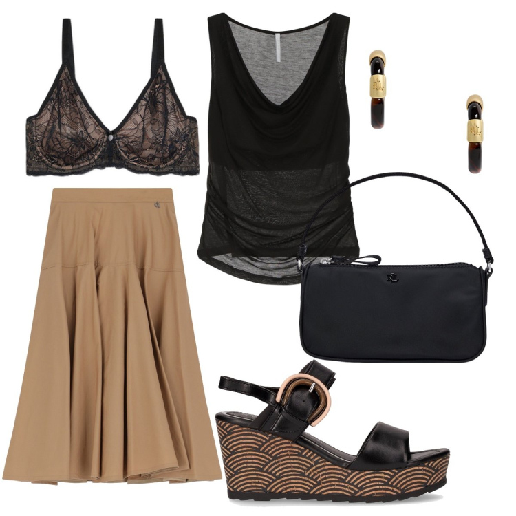 Outfit donna - La gonna a ruota. Stile Bon Ton per Tutti i giorni. Abbinamento con top, gonne lunghe, orecchini, pochette, sandali col tacco, reggiseni.