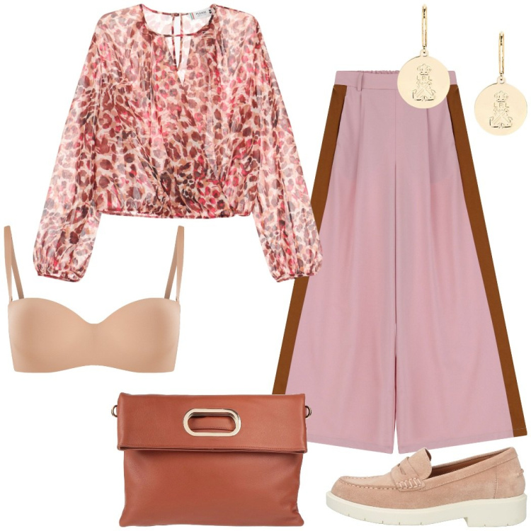Outfit donna - Casual con stile. Stile Urban per Tutti i giorni. Abbinamento con mocassini, borse a mano, reggiseni, bluse, pantaloni, orecchini.