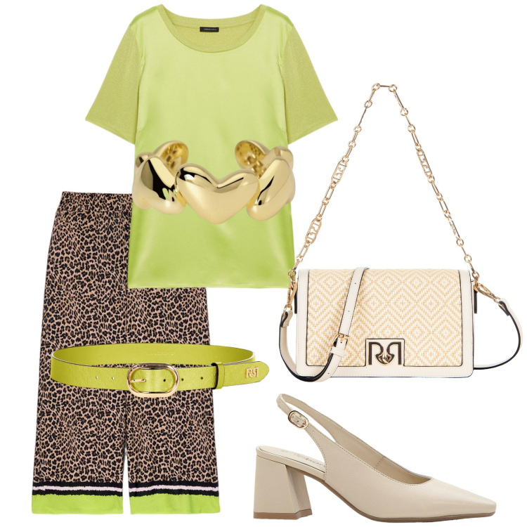 Outfit donna - Vibrante. Stile Trendy per Cerimonia. Abbinamento con décolleté, anelli, cinture, borse a tracolla, t-shirt, pantaloni.