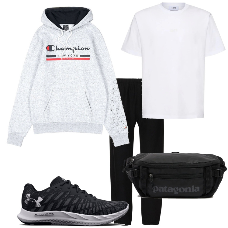 Outfit uomo - Total look #2176637. Stile Casual per Sport. Abbinamento con felpe con cappuccio, scarpe sportive, borse sportive, t-shirt, pantaloni.