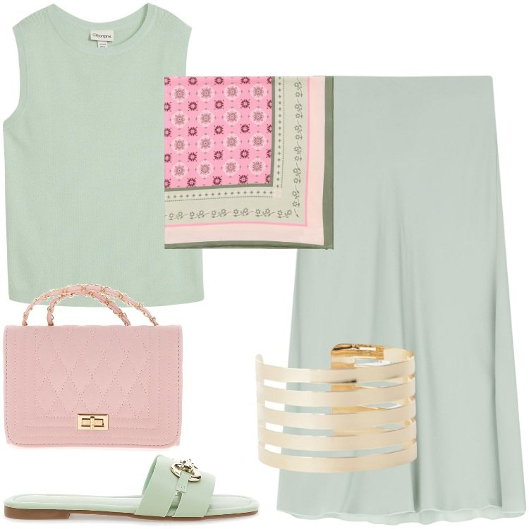 Outfit donna - Total look #2176638. Stile Bon Ton per Serata fuori. Abbinamento con top, foulard, gonne lunghe, braccialetti, ciabatte, borse a tracolla.