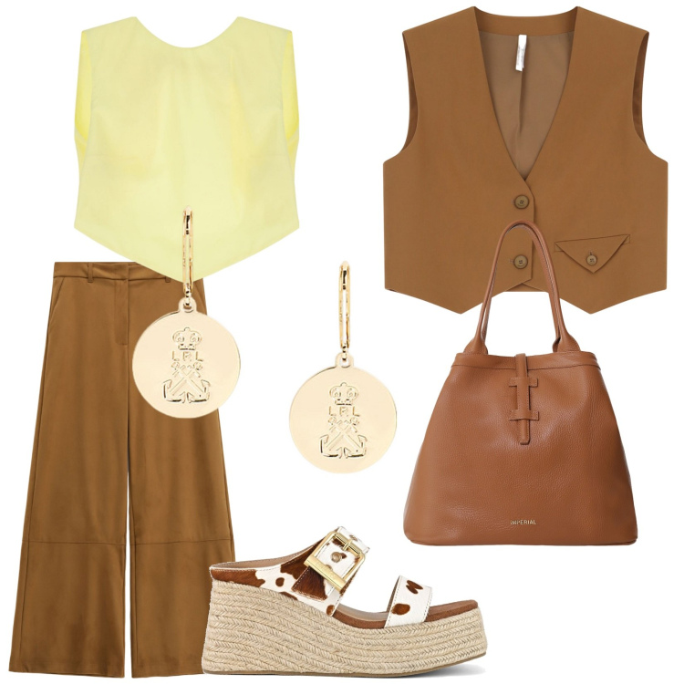 Outfit donna - Imperial. Stile Trendy per Ufficio. Abbinamento con top, pantaloni a palazzo, gilet, borse tote, orecchini, zeppe.