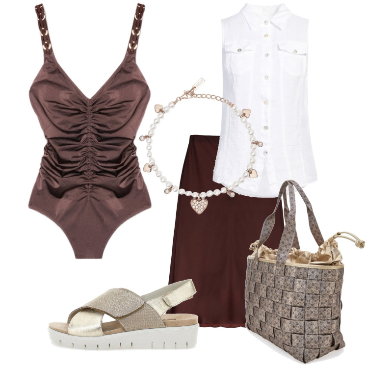 Outfit donna - Inizio estate. Stile Trendy per Tutti i giorni. Abbinamento con camicie, braccialetti, gonne, costumi interi, sandali in pelle, borse a spalla.