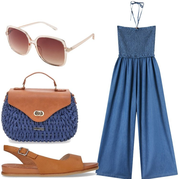 Outfit donna - Estate in denim. Stile Casual chic per Tutti i giorni. Abbinamento con occhiali da sole, tute, borse a tracolla, sandali.