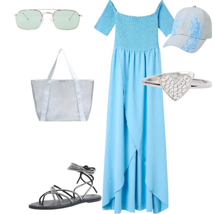 Outfit donna - stile libero. Stile Bon Ton per Tutti i giorni. Abbinamento con sandali alla schiava, vestiti lunghi, shopping bag, cappelli, anelli, occhiali da sole.