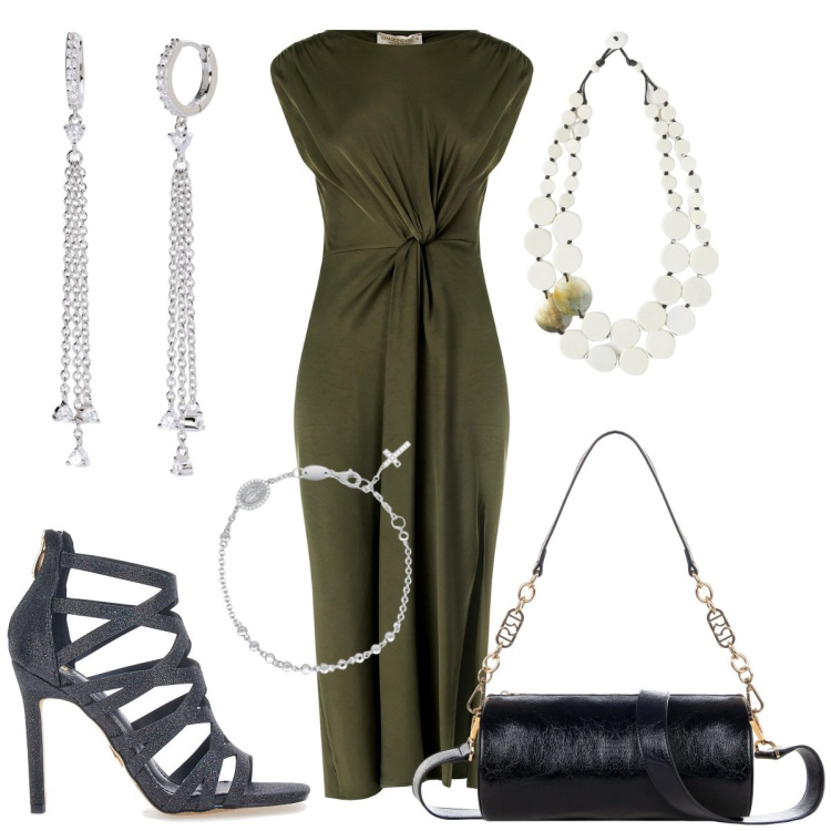 Outfit donna - Total look estivo. Stile Boho per Serata fuori. Abbinamento con braccialetti con ciondoli, orecchini, vestiti midi/longuette, borse a mano, sandali col tacco, ciondoli.