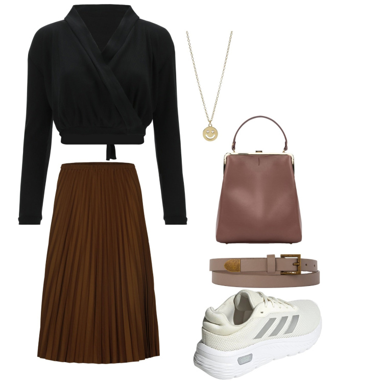 Outfit donna - Total look. Stile Basic per Tutti i giorni. Abbinamento con collane, top, sneakers, borse a spalla, cinture, gonne longuette.