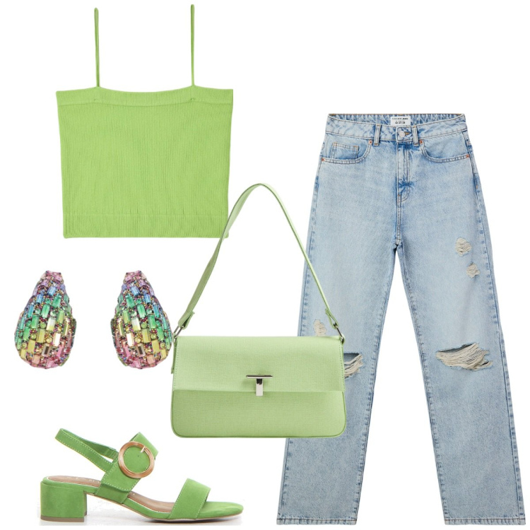 Outfit donna - Speciale verde lime. Stile Basic per Tutti i giorni. Abbinamento con canottiere, jeans strappati, borse a spalla, orecchini, sandali col tacco.