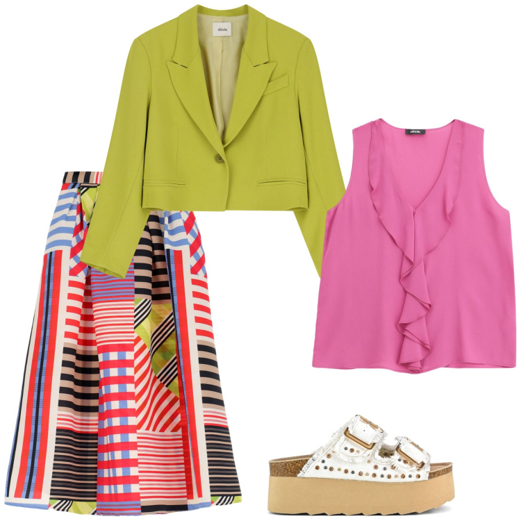 Outfit donna - Verde e colore. Stile Casual per Tutti i giorni. Abbinamento con top, gonne longuette, blazer, sandali.