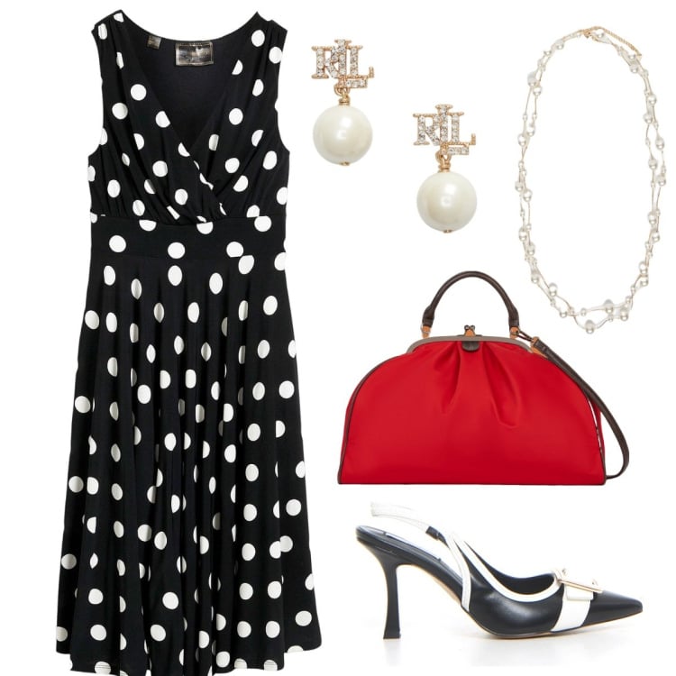 Outfit donna - Giugno a pois. Stile Vintage retrò per Tutti i giorni. Abbinamento con vestiti, orecchini, décolleté, collane, borse a spalla.