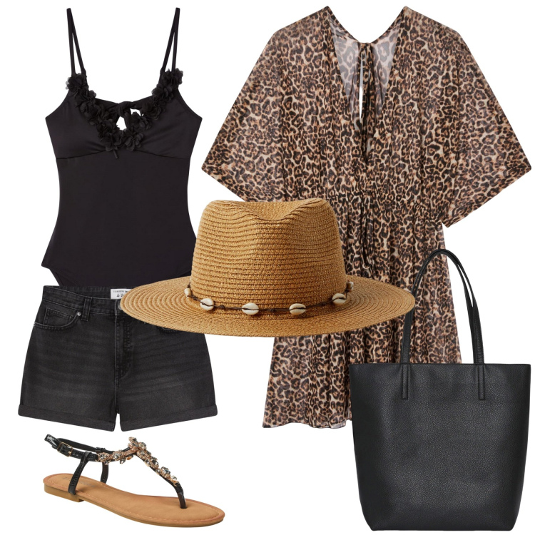 Outfit donna - Summer Terranova. Stile Casual per Mare. Abbinamento con vestiti da spiaggia, shorts, borse tote, costumi interi, cappelli, sandali gioiello.