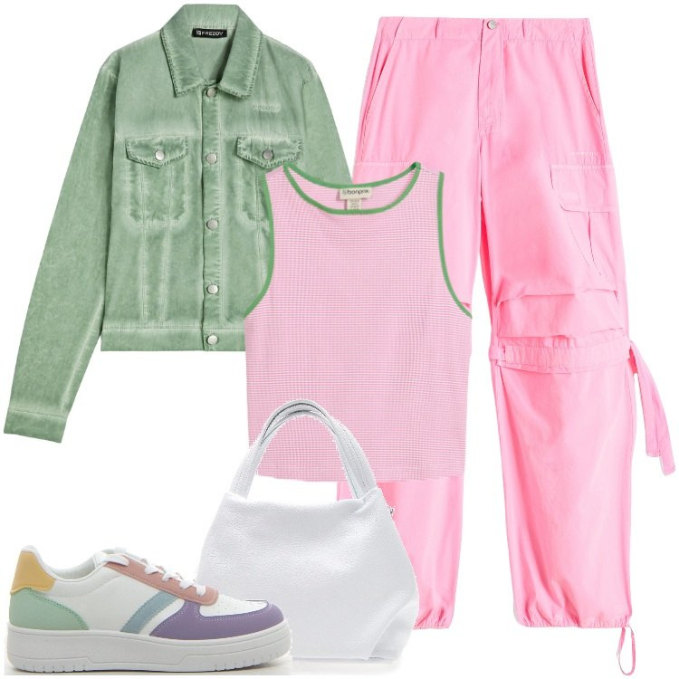 Outfit donna - Total look #2176675. Stile Urban per Tutti i giorni. Abbinamento con canottiere, pantaloni cargo, blazer, borse a spalla, sneakers.