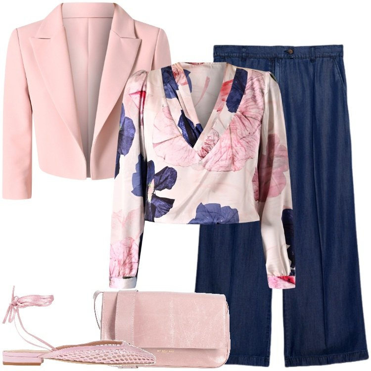Outfit donna - Cerimonia in jeans. Stile Chic per Cerimonia. Abbinamento con ballerine, borse a tracolla, blazer, bluse, jeans.