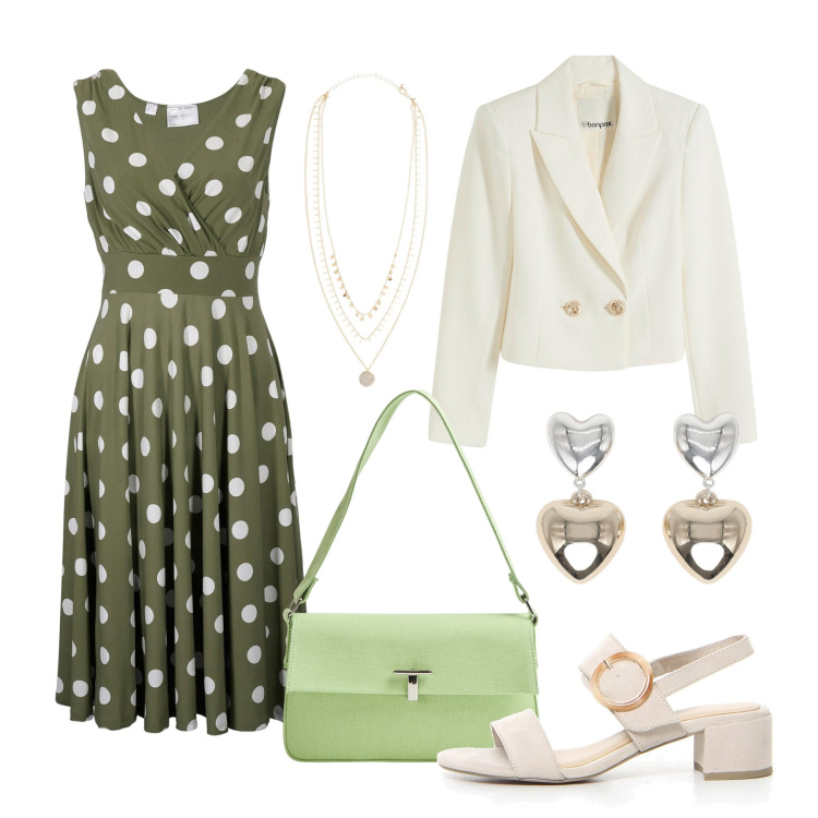 Outfit donna - Pois d\'estate. Stile Bon Ton per Tutti i giorni. Abbinamento con vestiti, collane, blazer, orecchini, borse a spalla, sandali col tacco.
