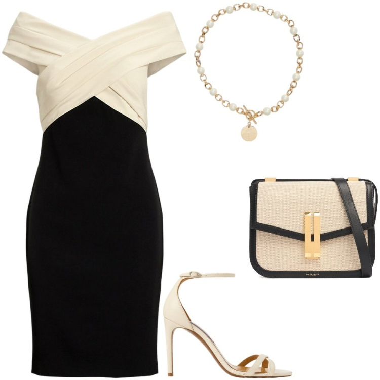 Outfit donna - Festa di laurea. Stile Chic per Serata fuori. Abbinamento con collane, vestiti a tubino, sandali col tacco, borse a spalla.