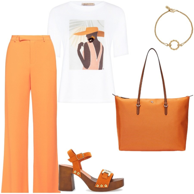 Outfit donna - Arancione. Stile Casual chic per Ufficio. Abbinamento con pantaloni, t-shirt, borse tote, braccialetti, zoccoli.